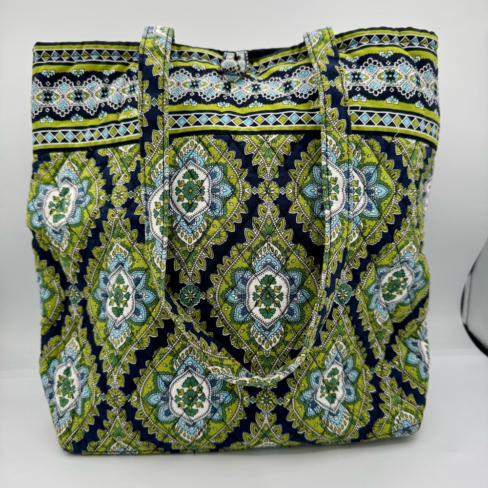 Vera Bradley Cambridge Tote Bag Quilted Cotton Navy Blue and Green Retired Print
